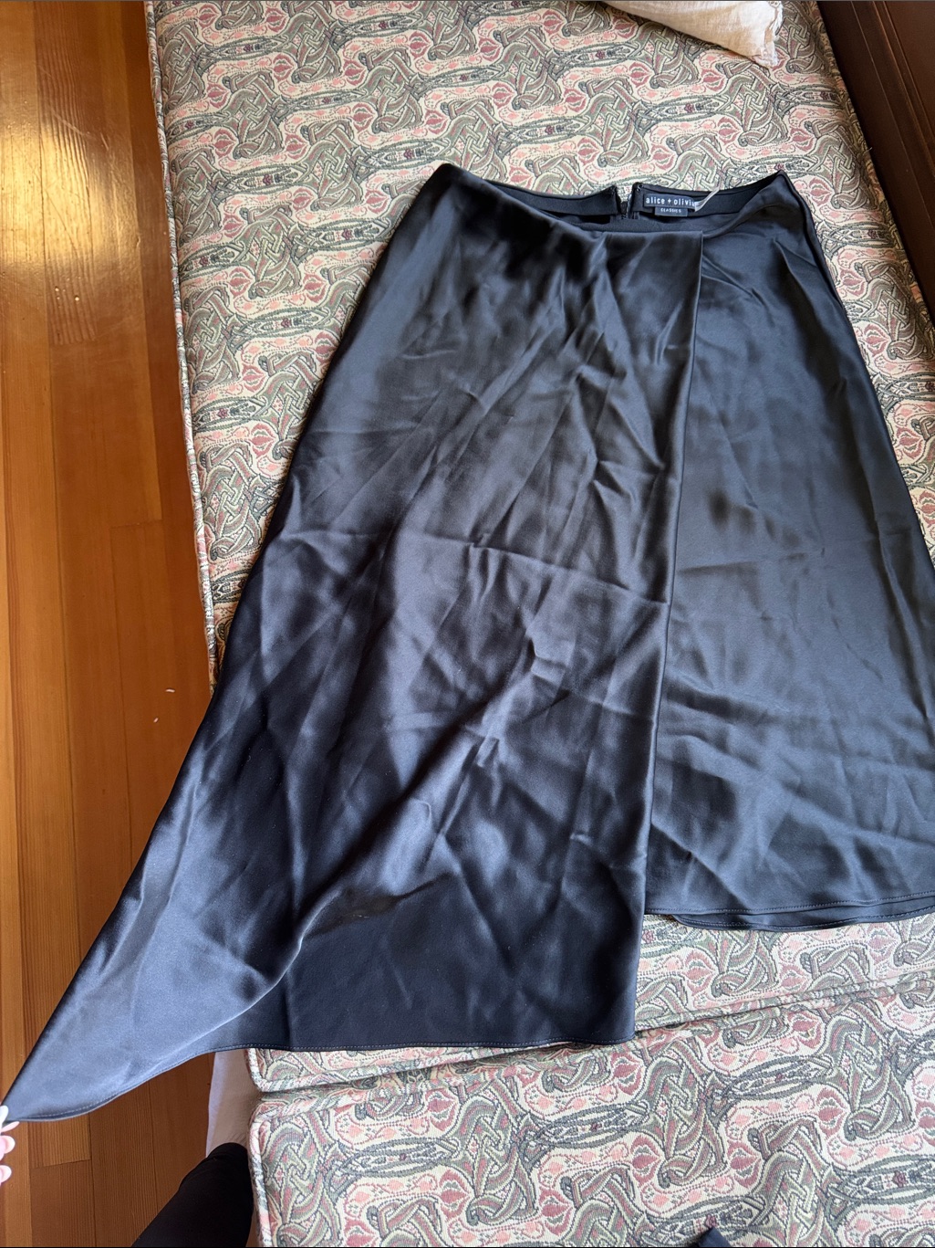 Alice + Olivia Black Asymmetrical Satin Midi Skirt